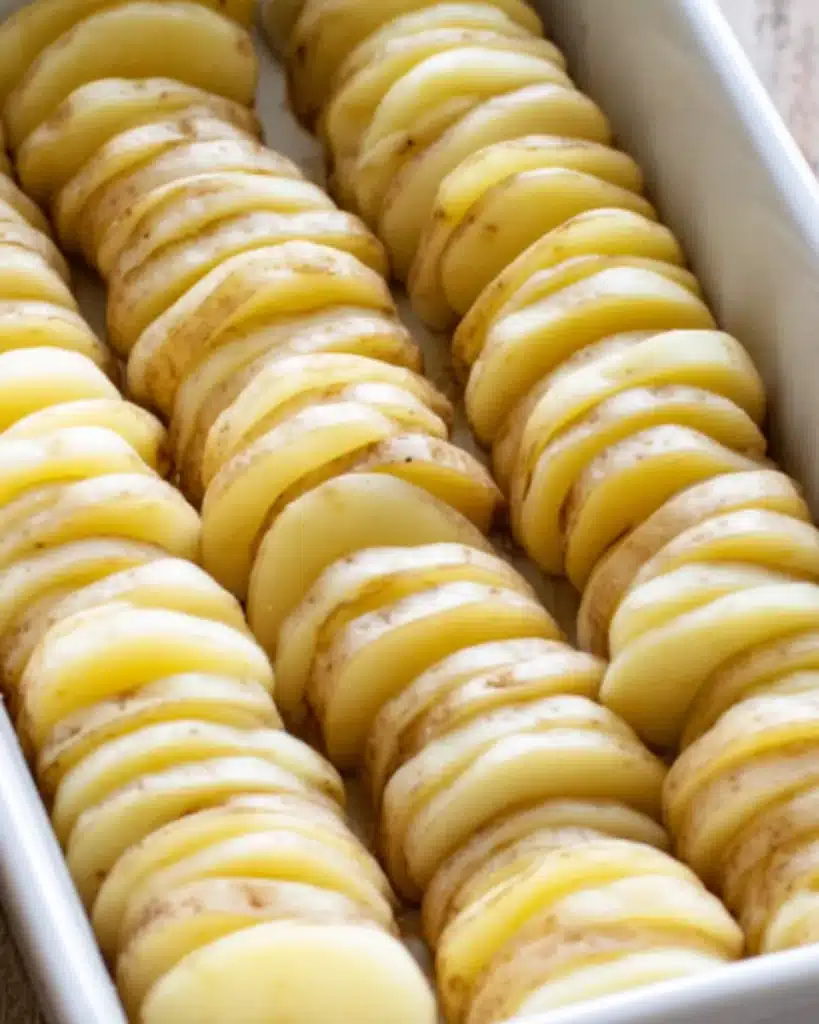 Thin potato slices layered neatly in baking dish for scalloped potatoes