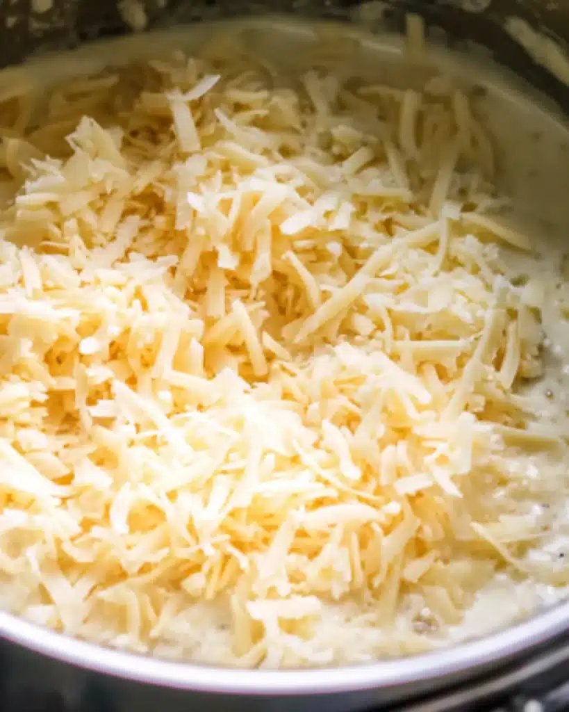 Grated cheddar cheese melting into creamy sauce for scalloped potatoes