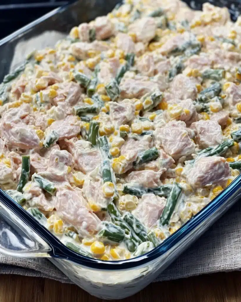 Creamy chicken and vegetable casserole filling before adding stuffing