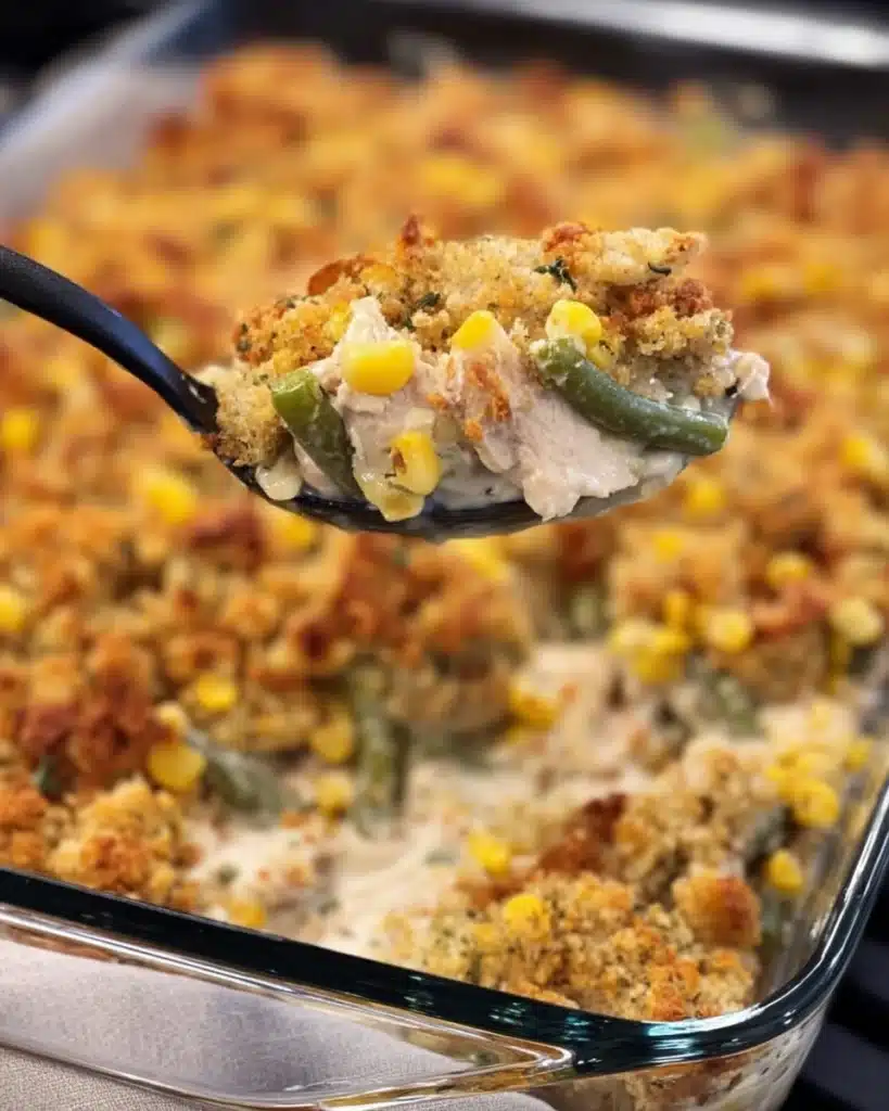 Spoon serving creamy chicken and stuffing casserole with corn and golden topping