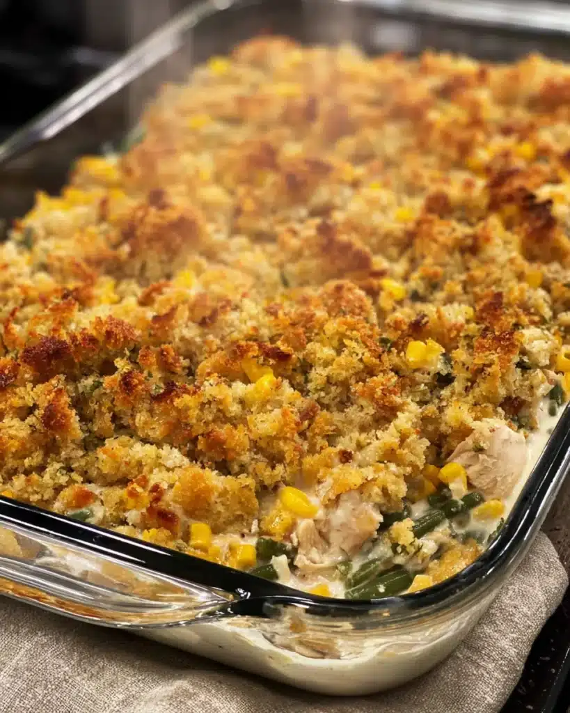 Golden chicken and stuffing casserole with crispy topping and creamy vegetable filling