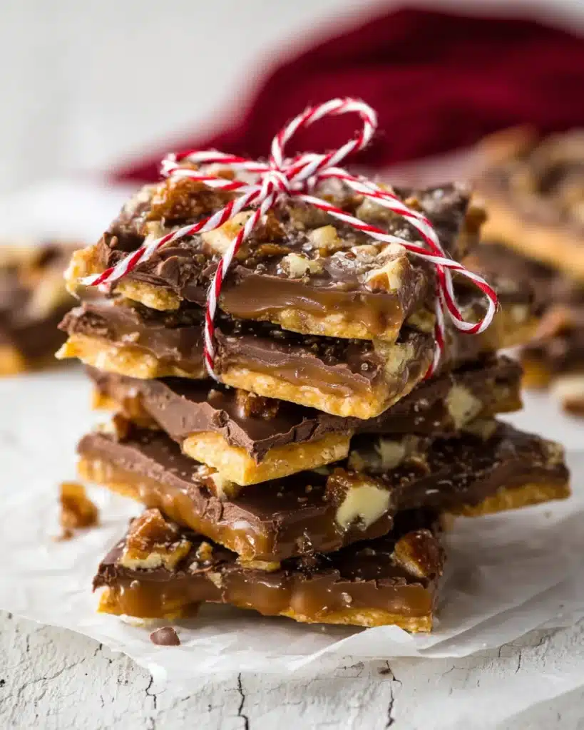 Stacked Christmas Crack Toffee with chocolate and pecans tied with festive string