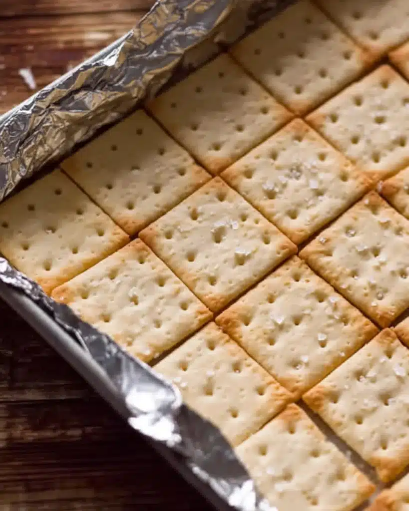 Saltine crackers lined on foil in a pan for Christmas Crack Toffee