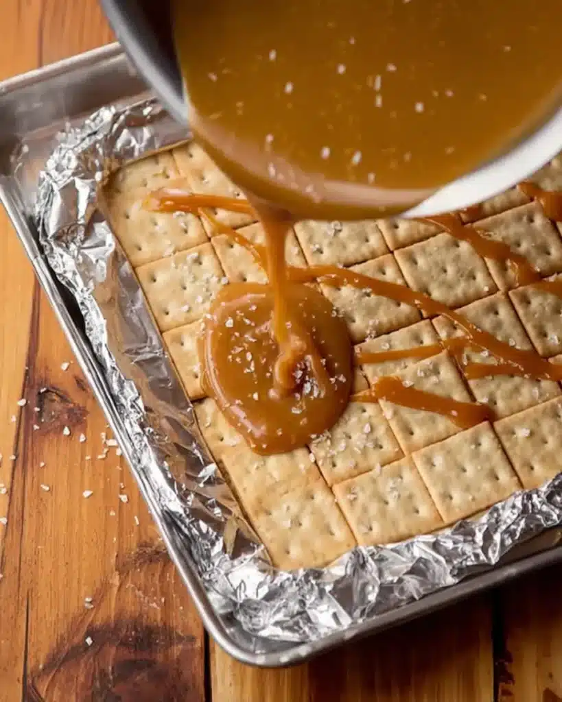 Pouring golden toffee over saltine crackers for Christmas Crack Toffee