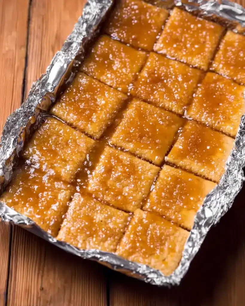 Golden baked toffee bubbling over saltine crackers in a foil-lined pan