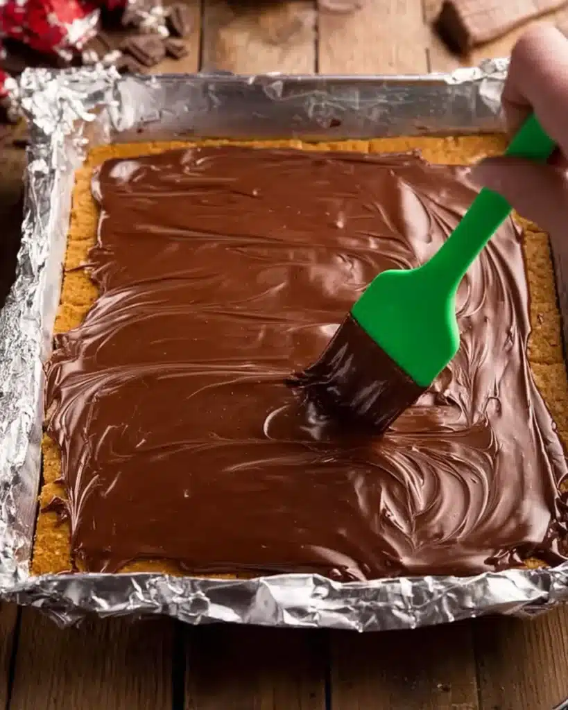Spreading melted chocolate over baked toffee crackers with a spatula