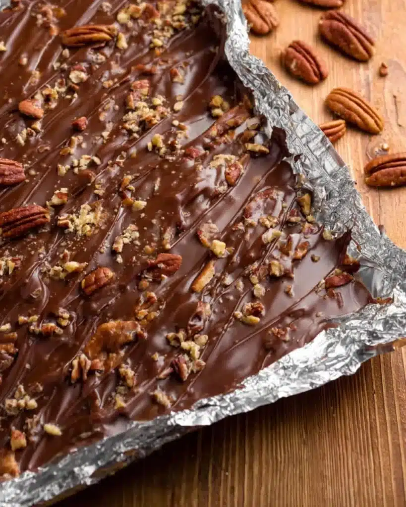 Christmas Crack Toffee topped with melted chocolate and pecans in a foil pan