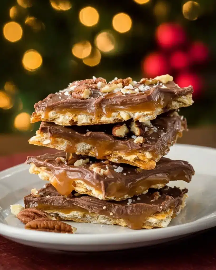 Stacked Christmas Crack Toffee pieces with chocolate, caramel, and pecans