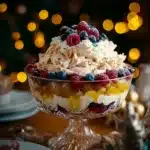 Christmas pavlova trifle with cream, berries, and meringue in a glass bowl