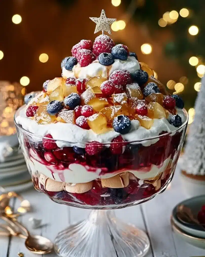 Christmas pavlova trifle with berries, cream, and golden fruit in glass bowl