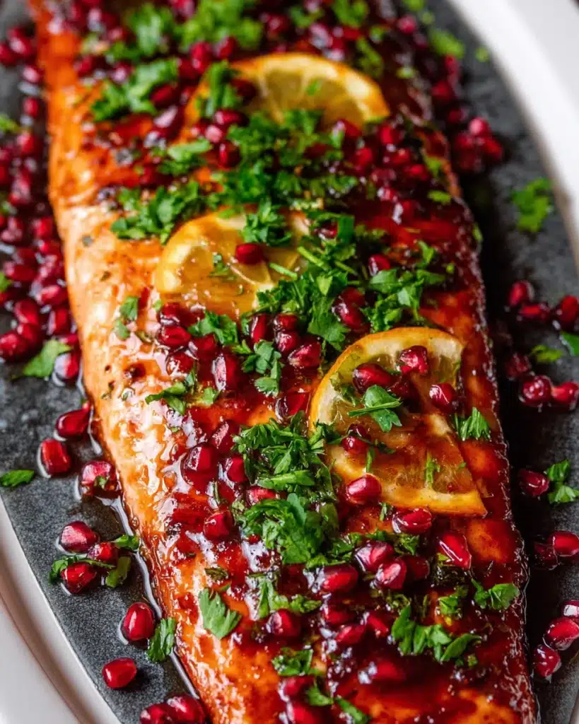 Glazed Christmas salmon with pomegranate seeds, oranges, and parsley