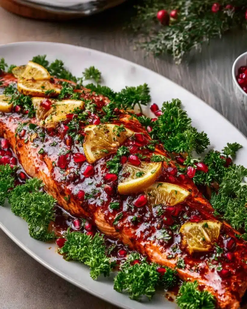 Festive Christmas salmon with pomegranate glaze, orange slices, and fresh herbs
