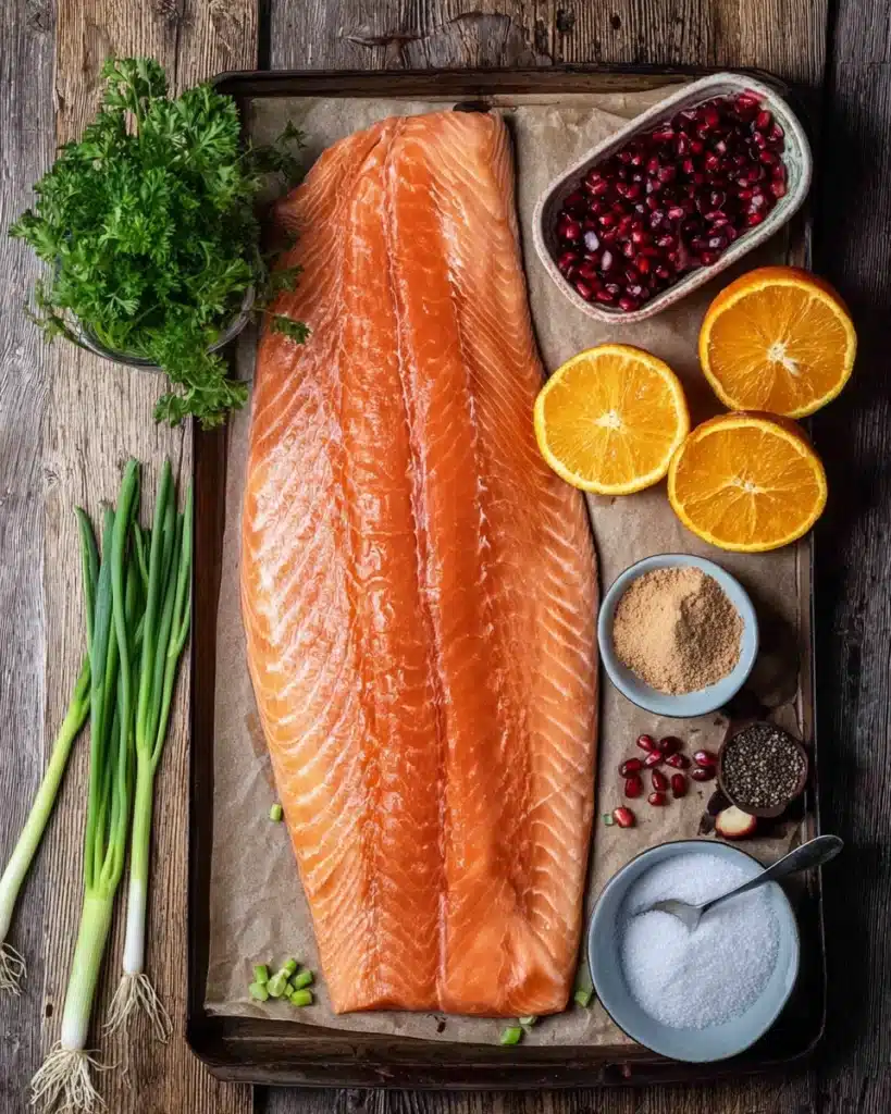 Fresh salmon fillet with oranges, pomegranate, and glaze ingredients on rustic table