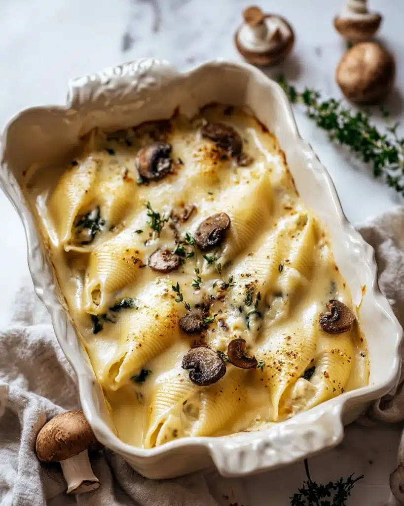 Christmas stuffed pasta with cheese, spinach, and mushrooms baked golden in a rustic dish