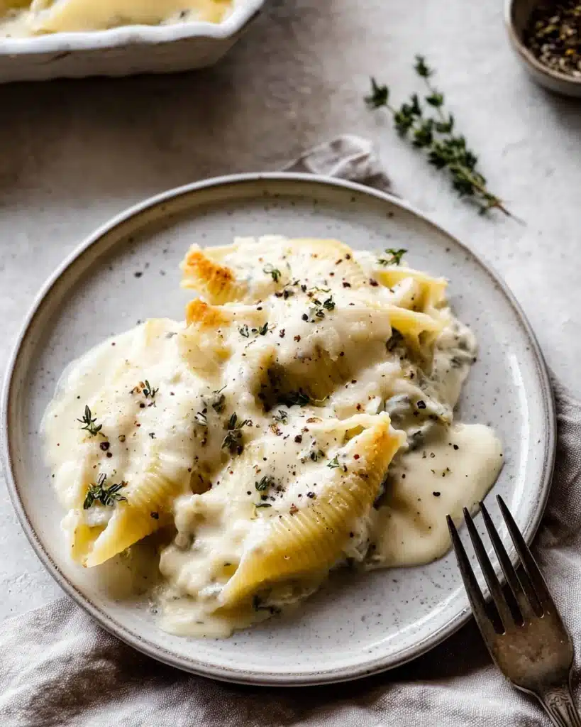Plated Christmas stuffed pasta shells with creamy cheese sauce and thyme