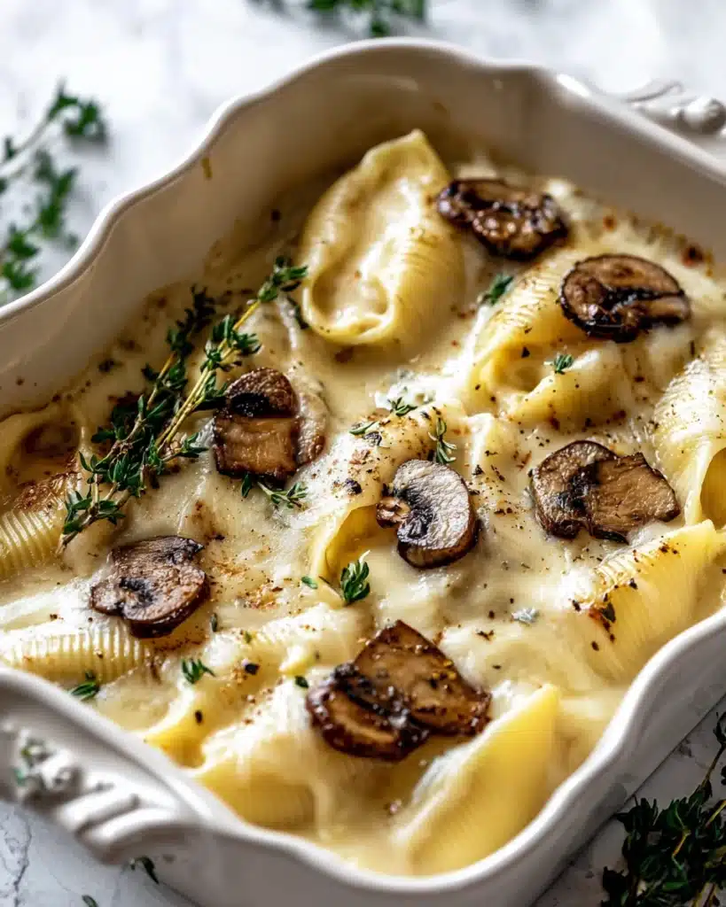 Christmas stuffed pasta shells baked with cheese, mushrooms, and thyme