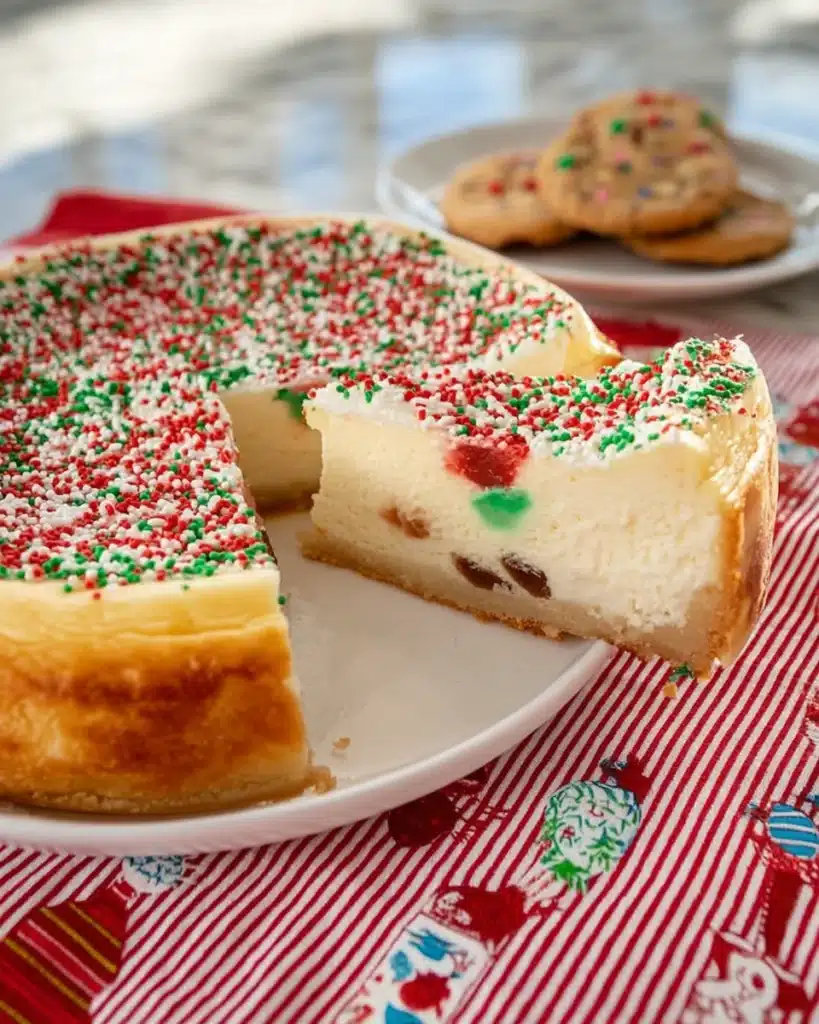 Christmas sugar cookie cheesecake slice with sprinkles and holiday cookies