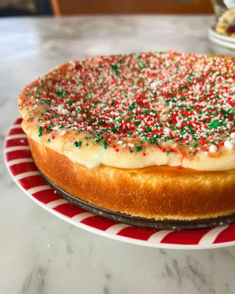 Whole Christmas sugar cookie cheesecake with sprinkles and golden crust