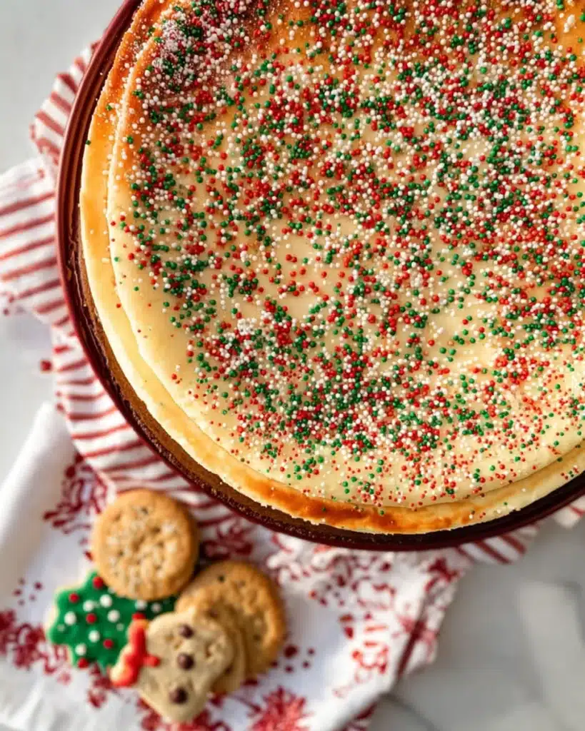 Overhead Christmas sugar cookie cheesecake with sprinkles and holiday cookies