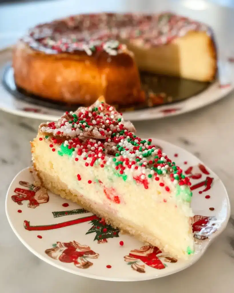 Slice of Christmas Sugar Cookie Cheesecake Recipe with sprinkles on festive holiday plate