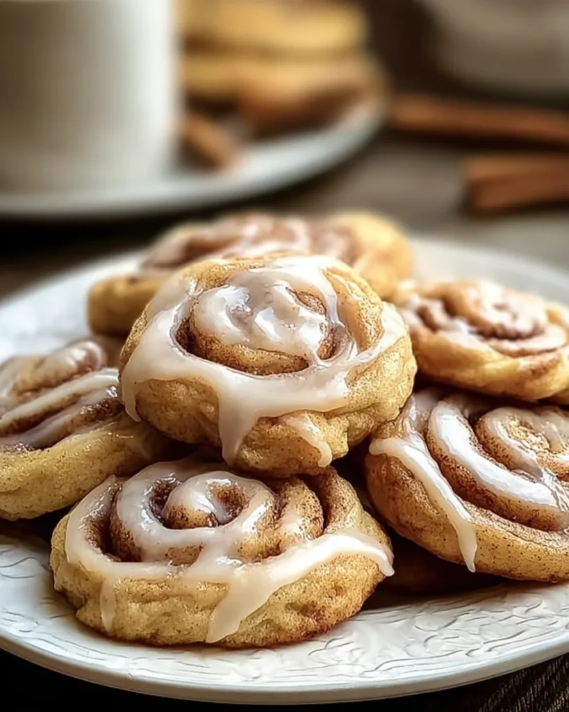 Cinnamon roll cookies with icing on a white plate