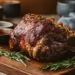Classic Christmas prime rib roast with crispy crust on wooden board