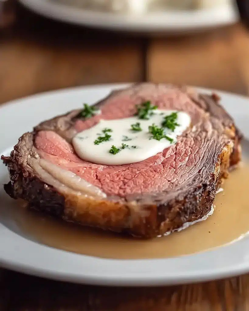 Classic Christmas prime rib slice with horseradish sauce and au jus