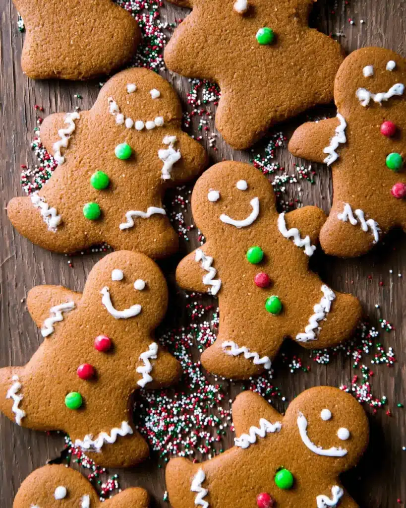 Classic Gingerbread Cookies decorated with icing and festive sprinkles