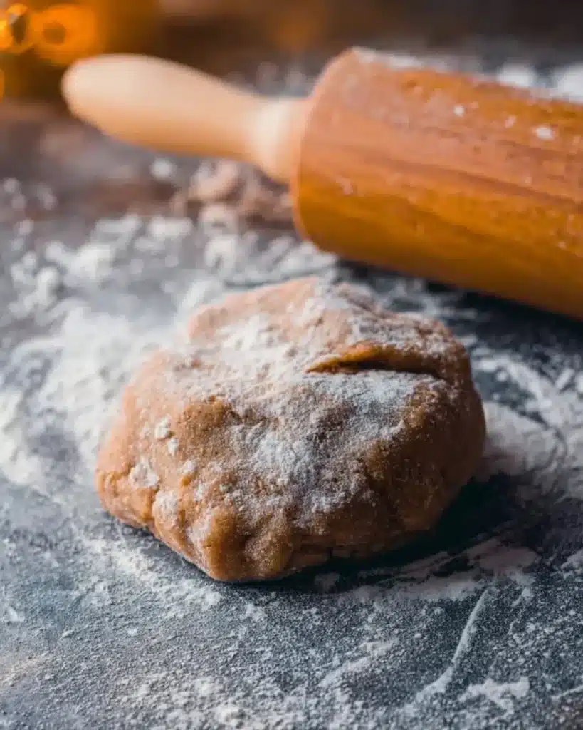 Gingerbread cookie dough on floured surface with rolling pin