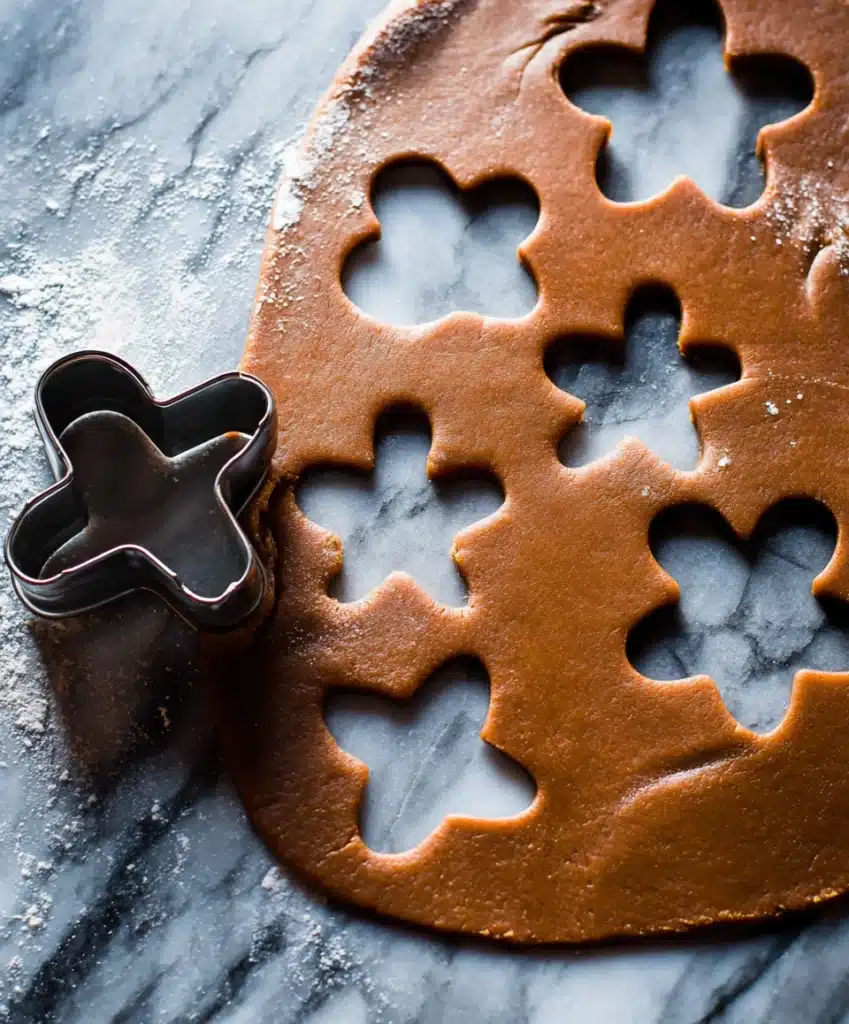 Rolled gingerbread cookie dough with cookie cutter shapes