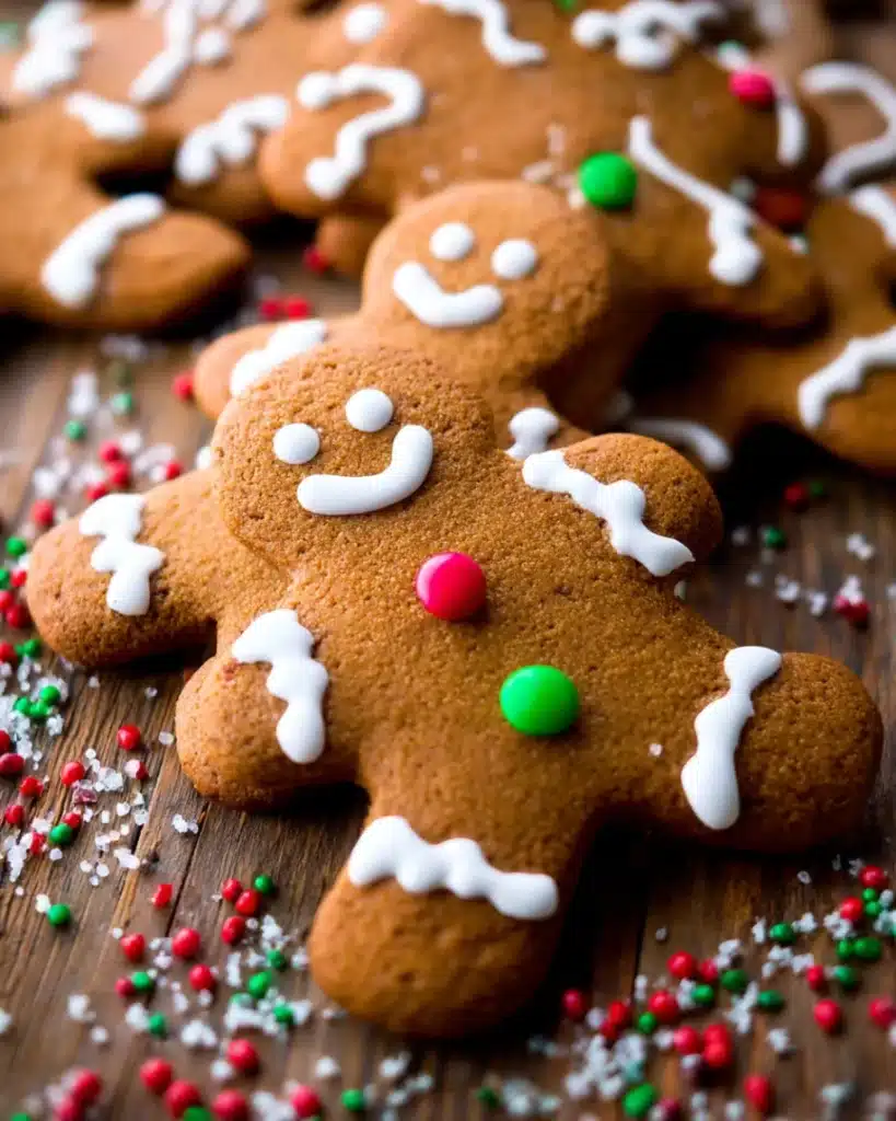Decorated gingerbread cookies with icing and festive sprinkles