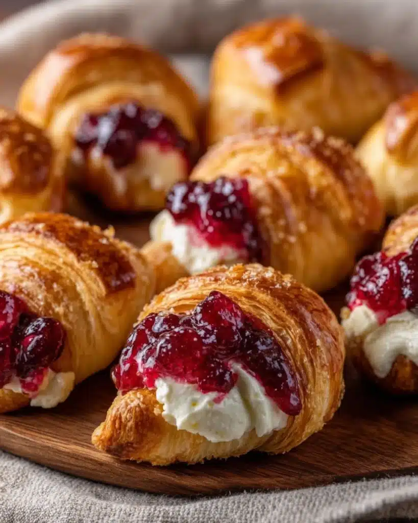 Golden, flaky Thanksgiving crescent rolls stuffed with cream cheese and topped with cranberry sauce—crispy, creamy, and irresistibly festive.