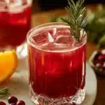 Cranberry orange whiskey sour cocktail with rosemary garnish and ice