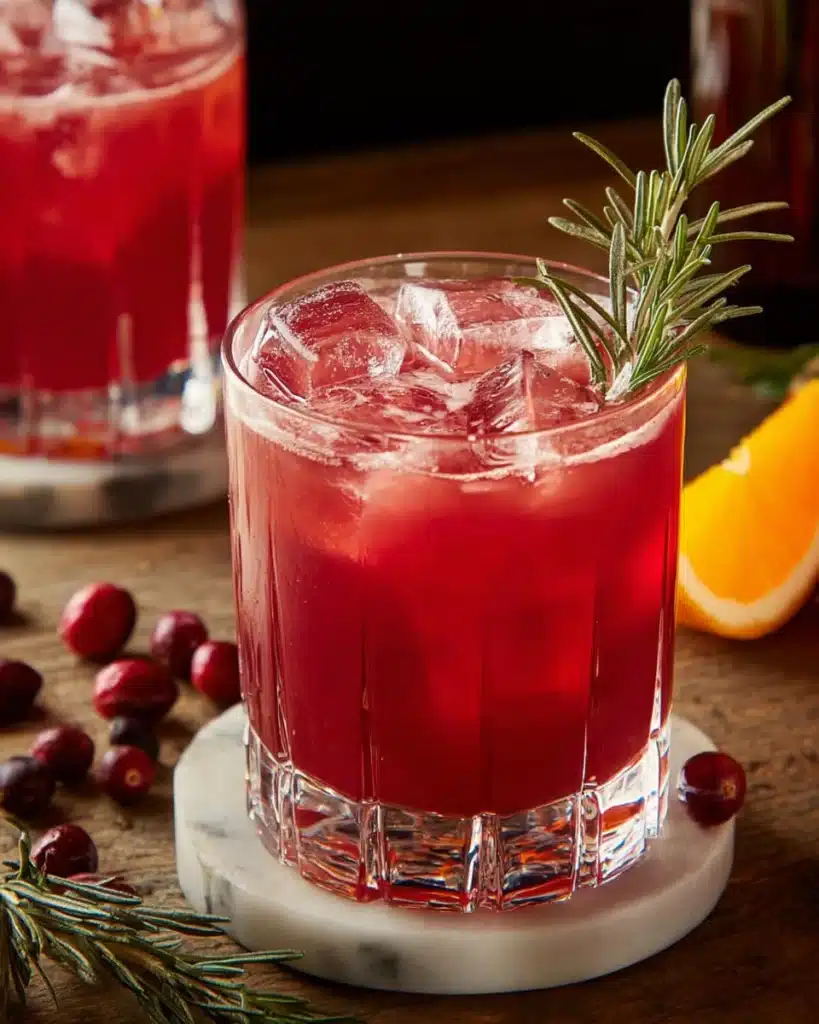 Cranberry orange whiskey sour cocktail with ice and rosemary garnish