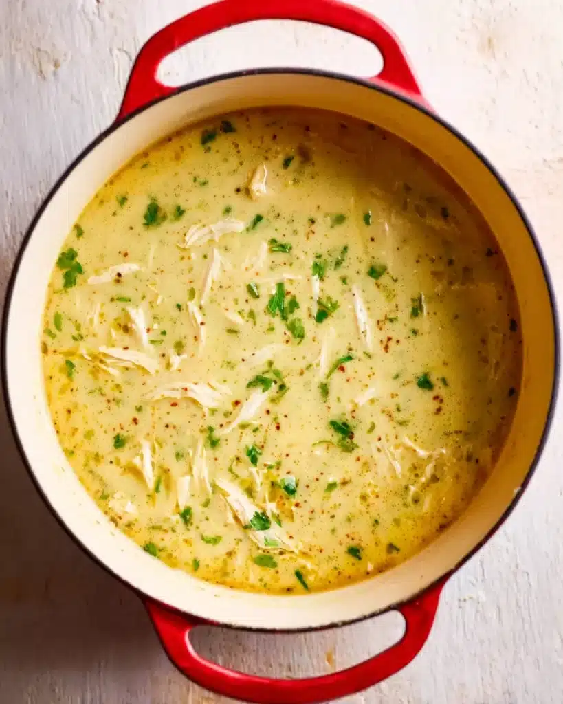 Golden creamy leek and chicken soup with shredded chicken in Dutch oven