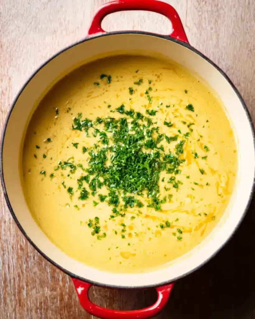 Blended creamy leek and chicken soup topped with parsley in Dutch oven