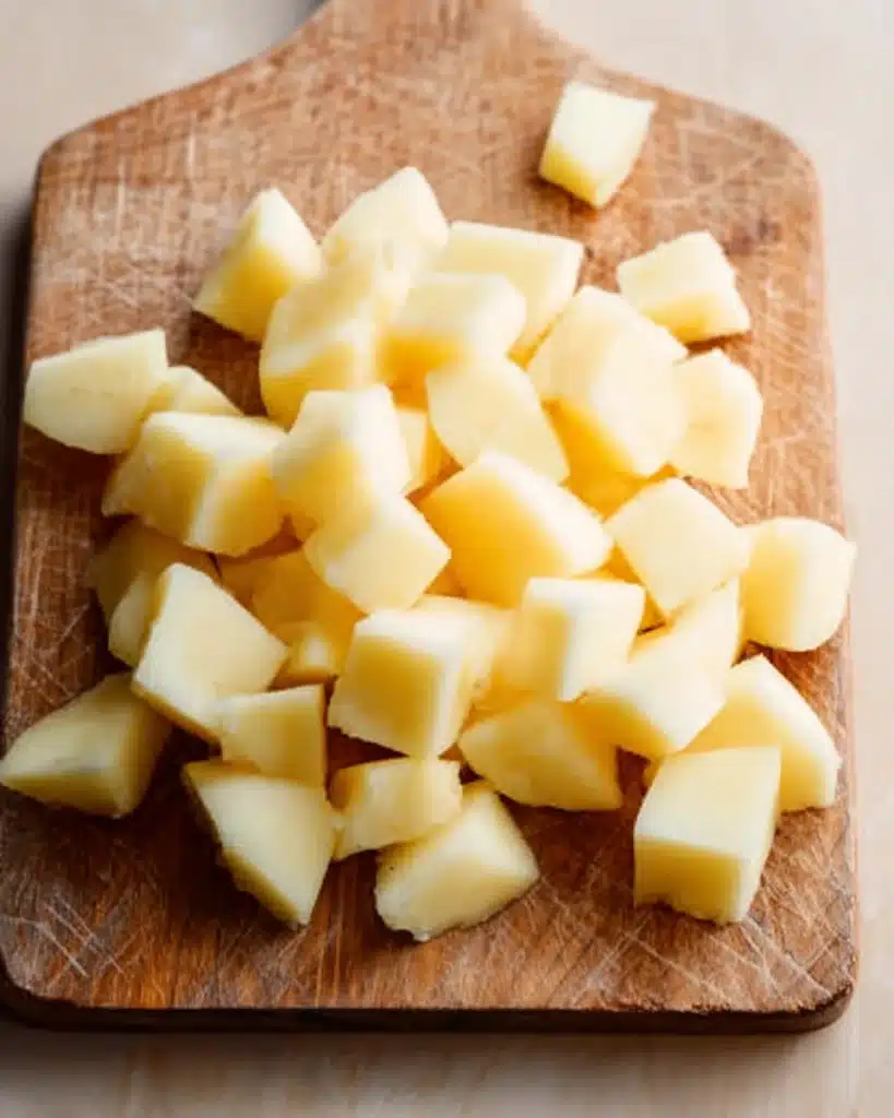 Cubed potatoes on cutting board for creamy leek and chicken soup