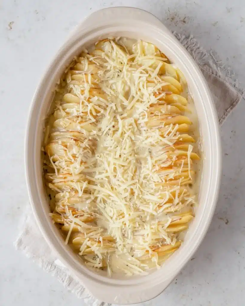 Unbaked creamy scalloped potatoes topped with shredded Parmesan cheese