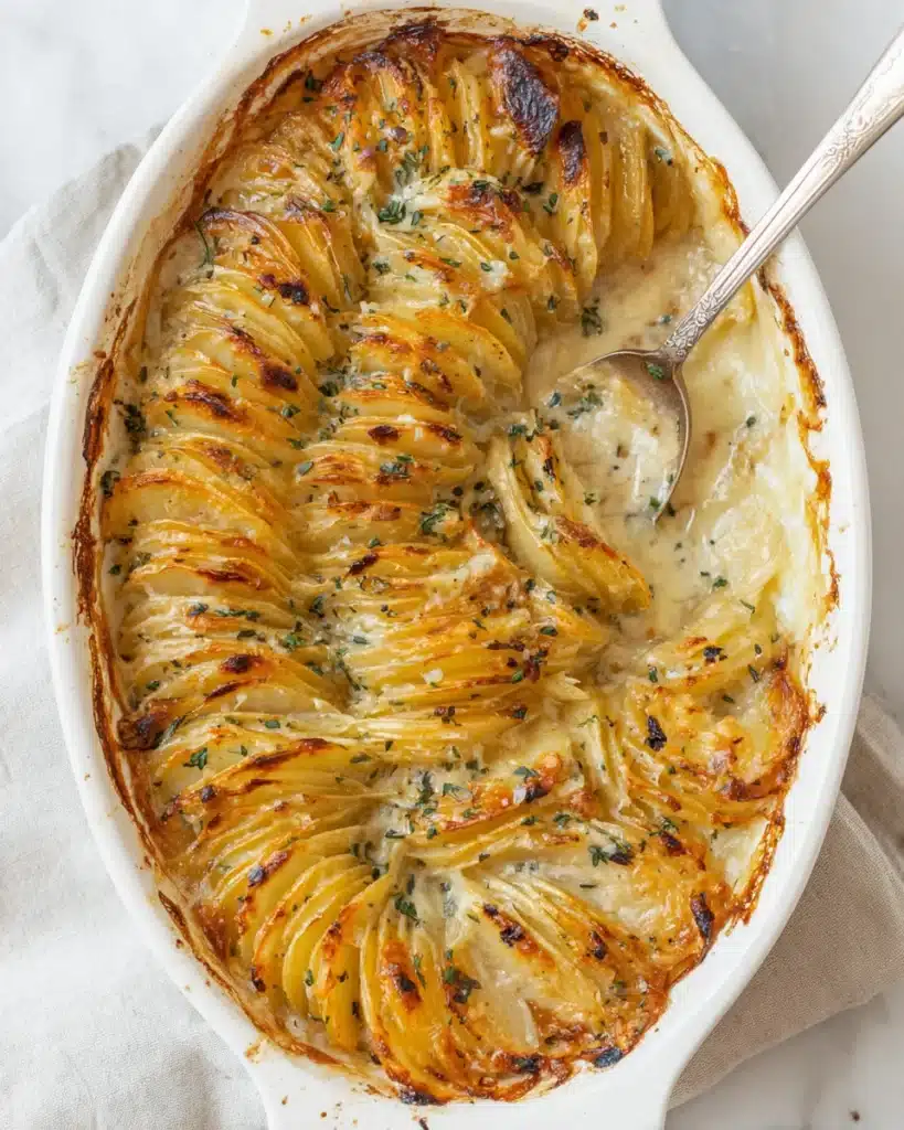 Golden creamy scalloped potatoes served from baking dish with crispy edges
