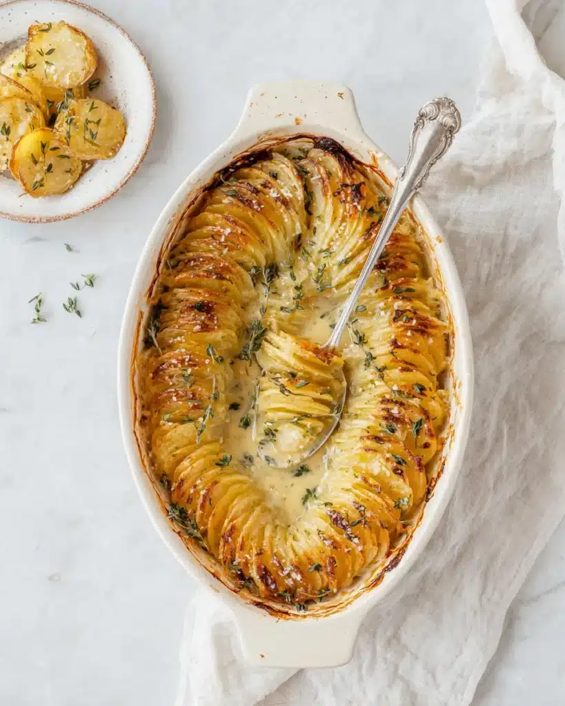 Golden creamy scalloped potatoes in oval baking dish with crispy edges