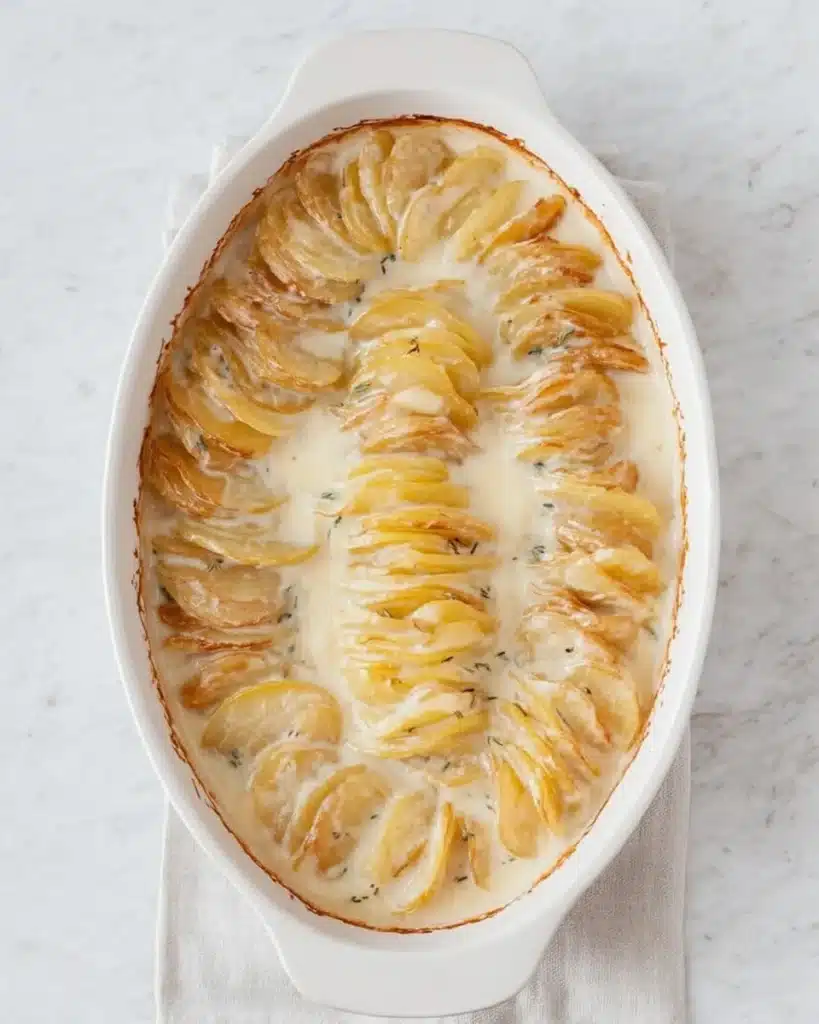 Golden, crispy scalloped potatoes baked in creamy sauce and served in a rustic oval dish. Perfectly tender inside and irresistible for Christmas dinner.