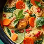 Crock Pot coconut lime chicken simmering with carrots, spinach, and chili peppers