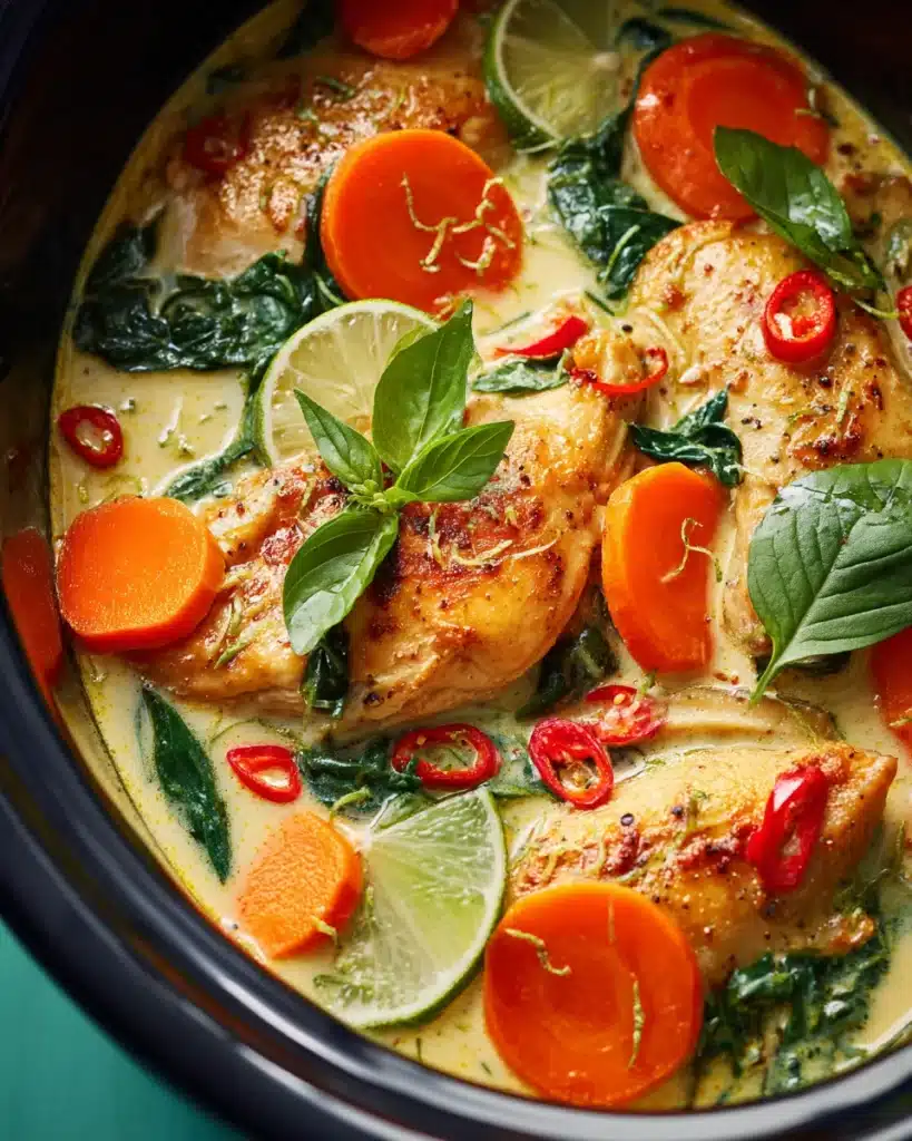 Crock Pot coconut lime chicken simmering with carrots, spinach, and chili peppers