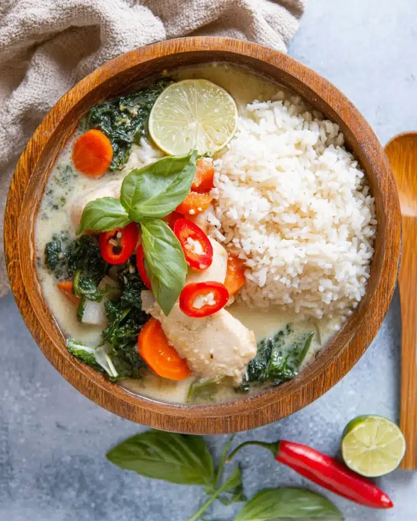 Crock Pot coconut lime chicken and vegetables served with rice in a wooden bowl