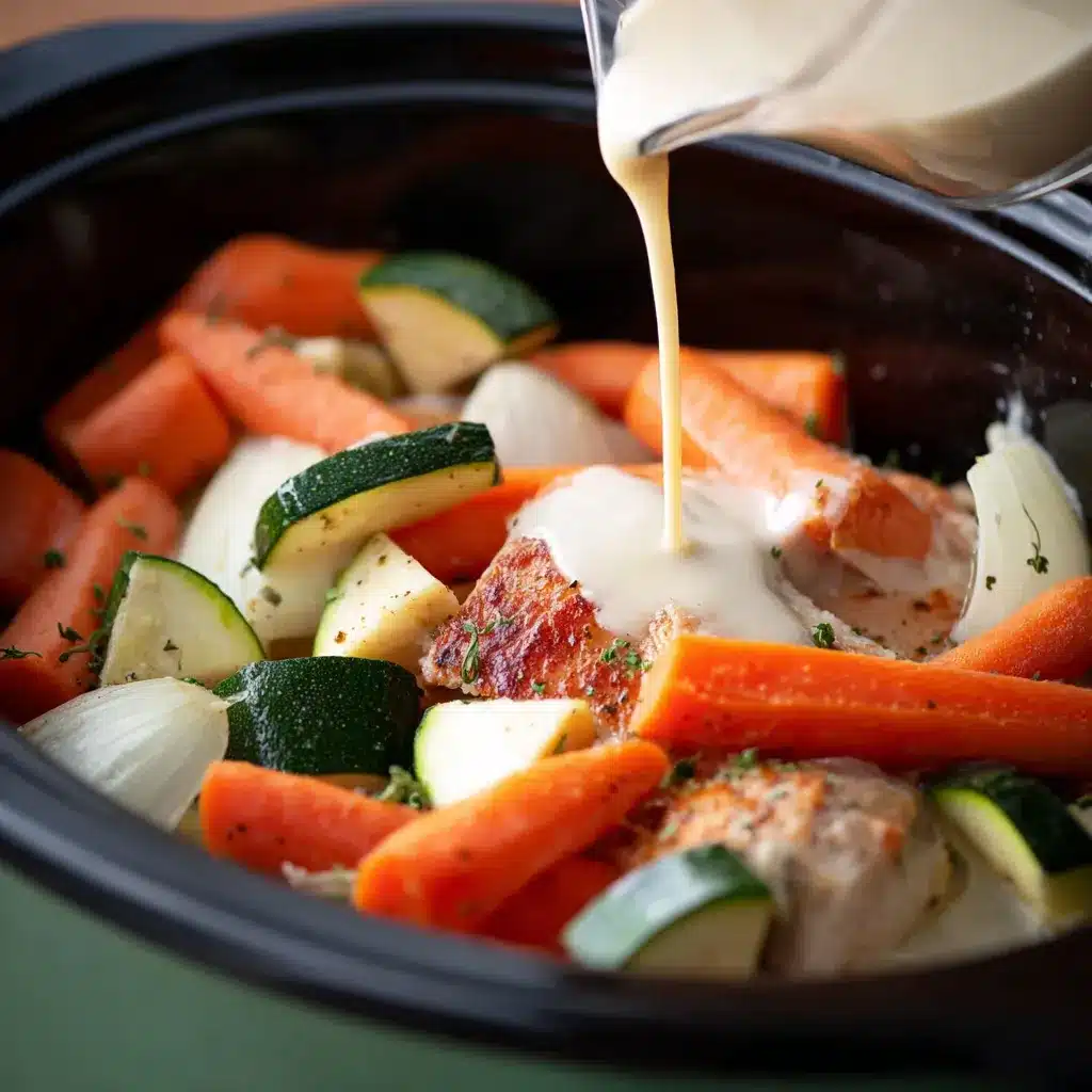 Pouring coconut lime sauce over chicken and vegetables in a crock pot