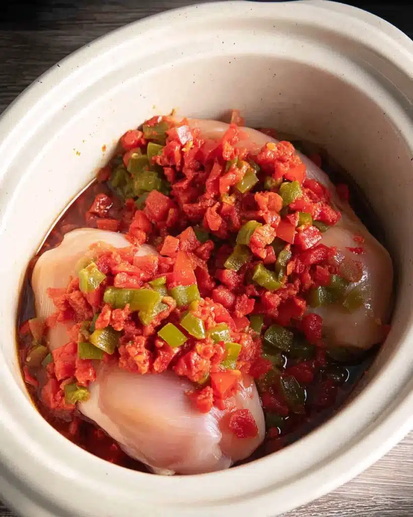 Raw chicken with tomatoes and chiles in crockpot for enchilada casserole