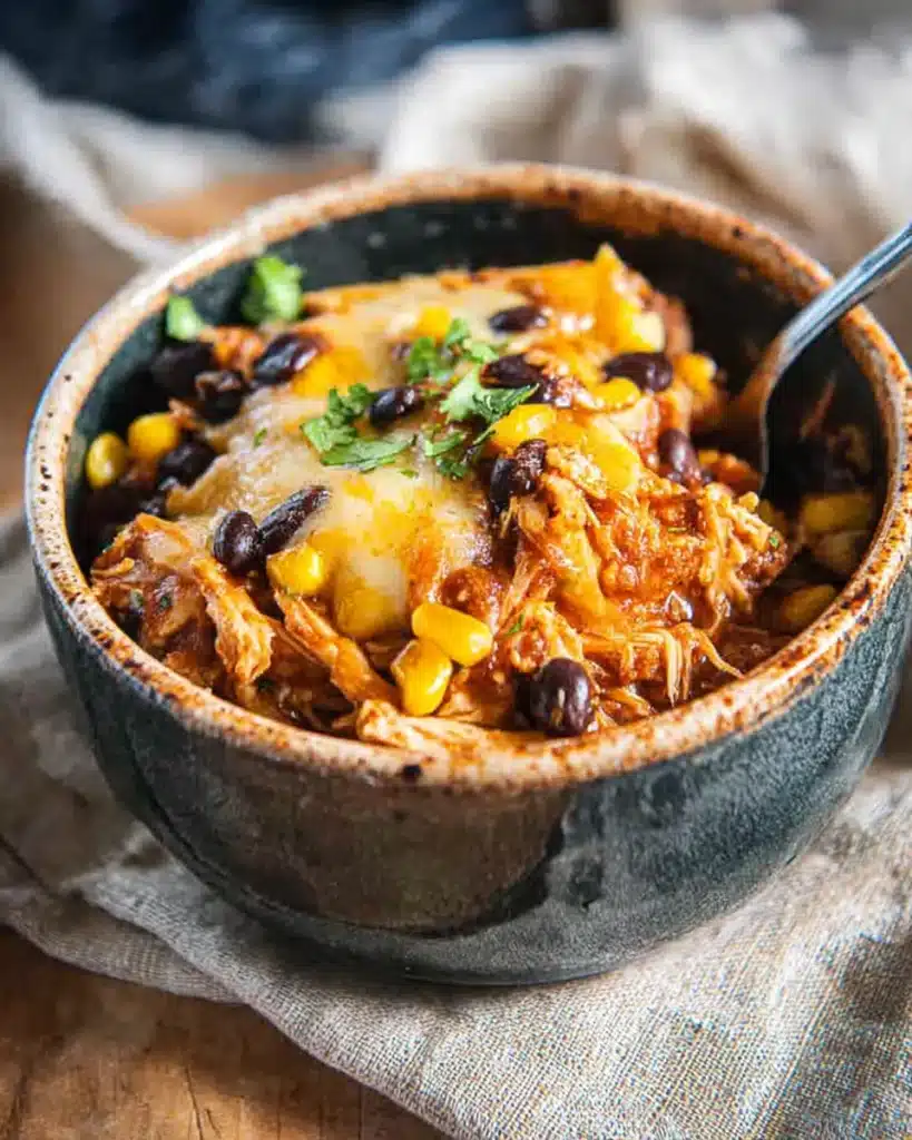 Bowl of cheesy crockpot chicken enchilada casserole with beans and corn