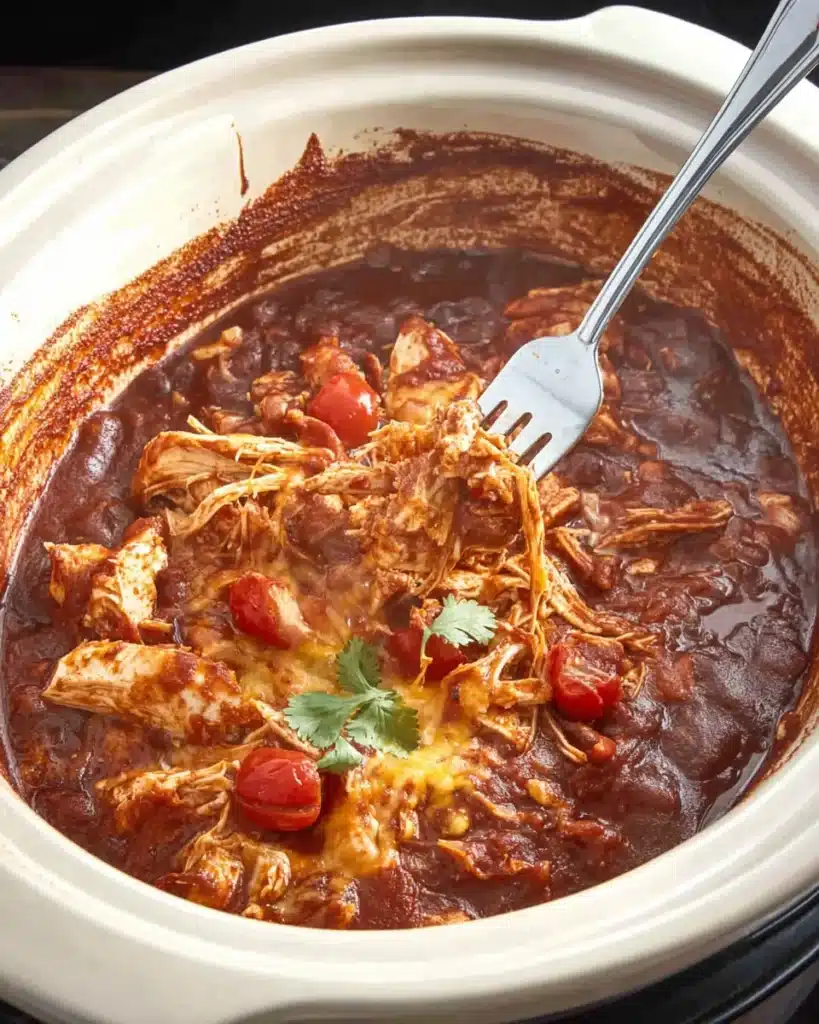Shredding cooked chicken in enchilada sauce inside crockpot
