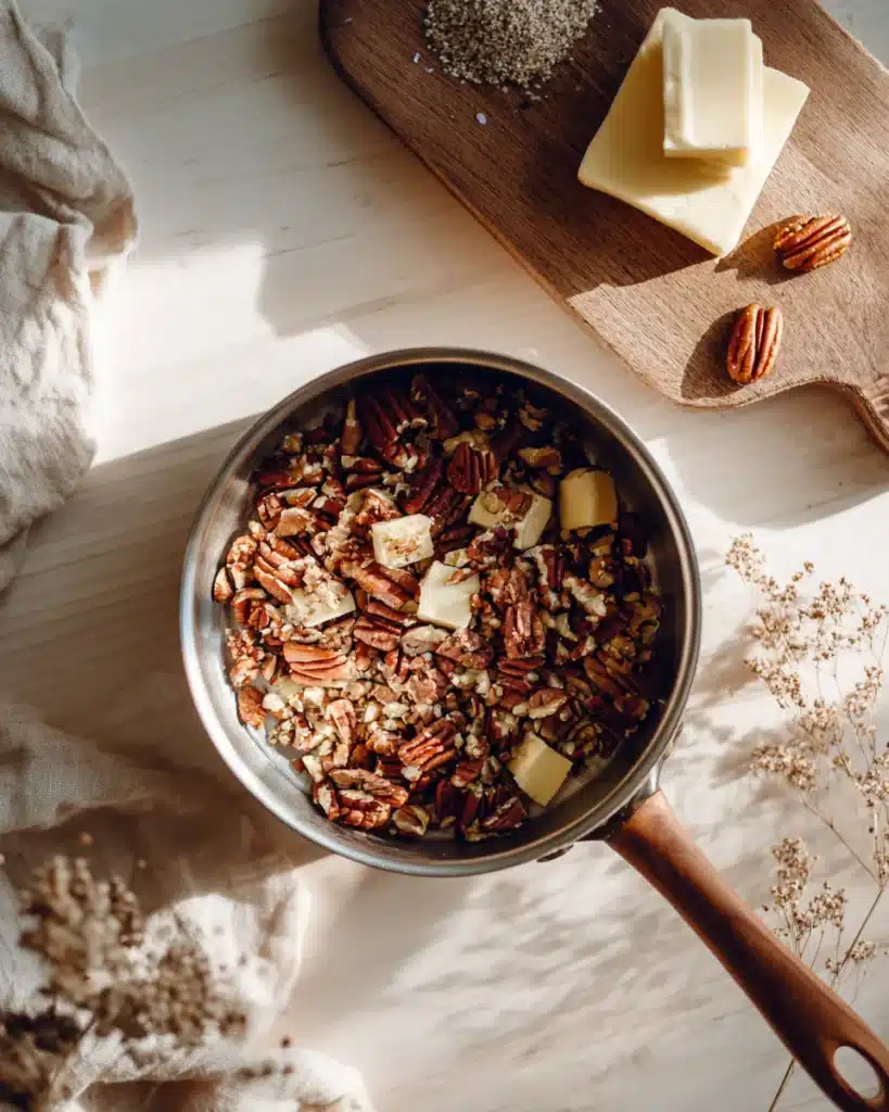 Saucepan with pecans, butter, and brown sugar for Crumbl pecan pie cookie filling