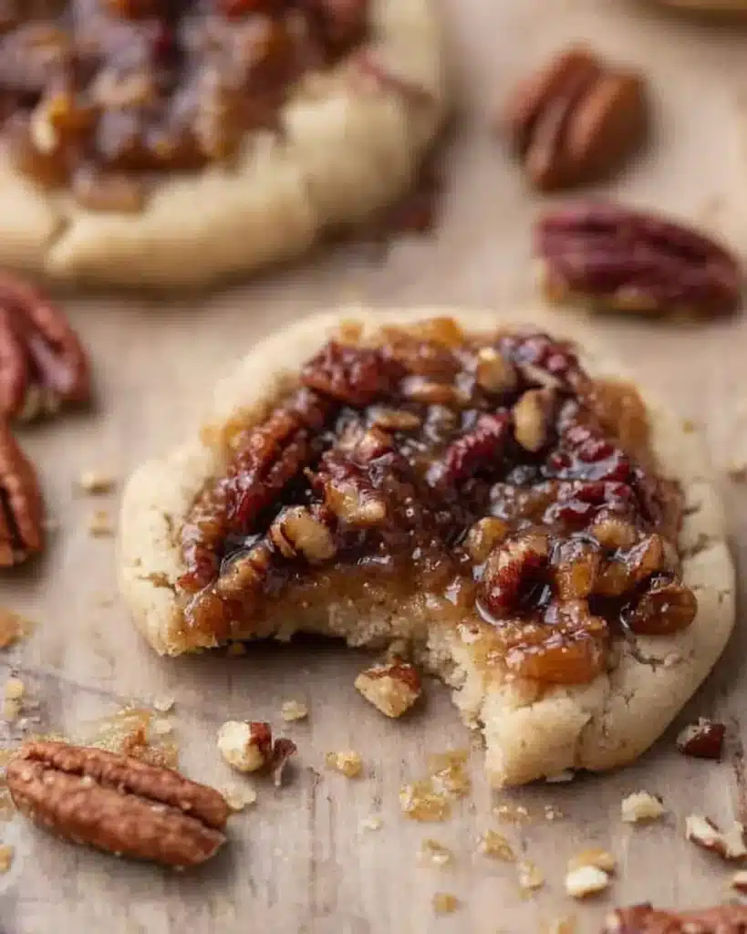 Bite taken out of a Crumbl pecan pie cookie with gooey pecan filling